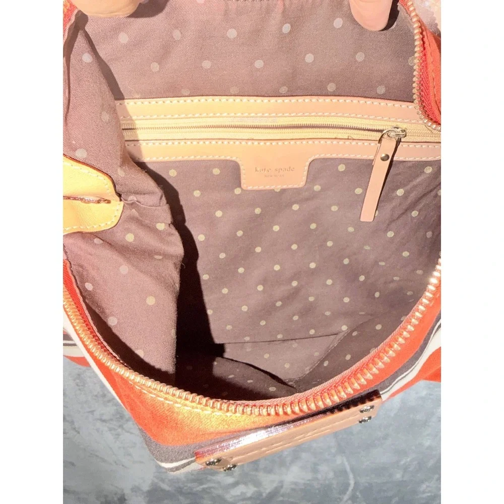 Kate Spade New York Womens Hobo Bag Orange Cream Brown Striped Canvas